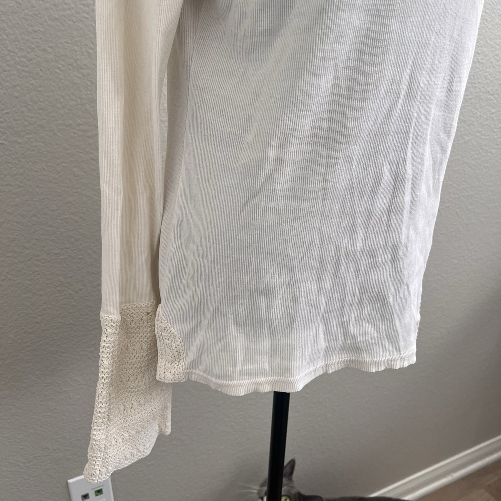 Prana Women's Large Ivory Top Blouse Crochet Bell Sleeve Boho Ribbed - Picture 4 of 10